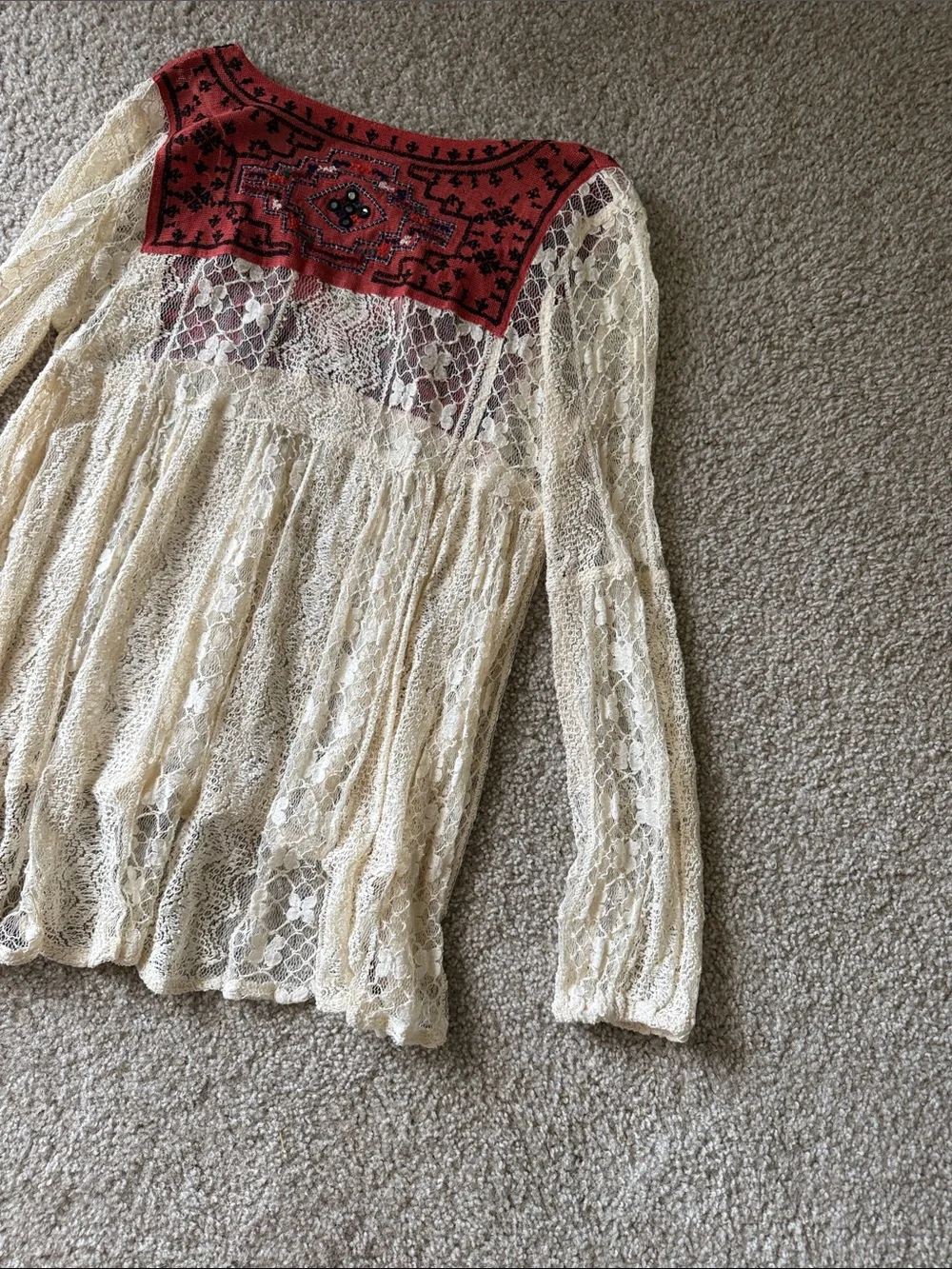 Free People Women’s Cream Lace Tunic with Red Embroidered Yoke + Mirrors SMALL